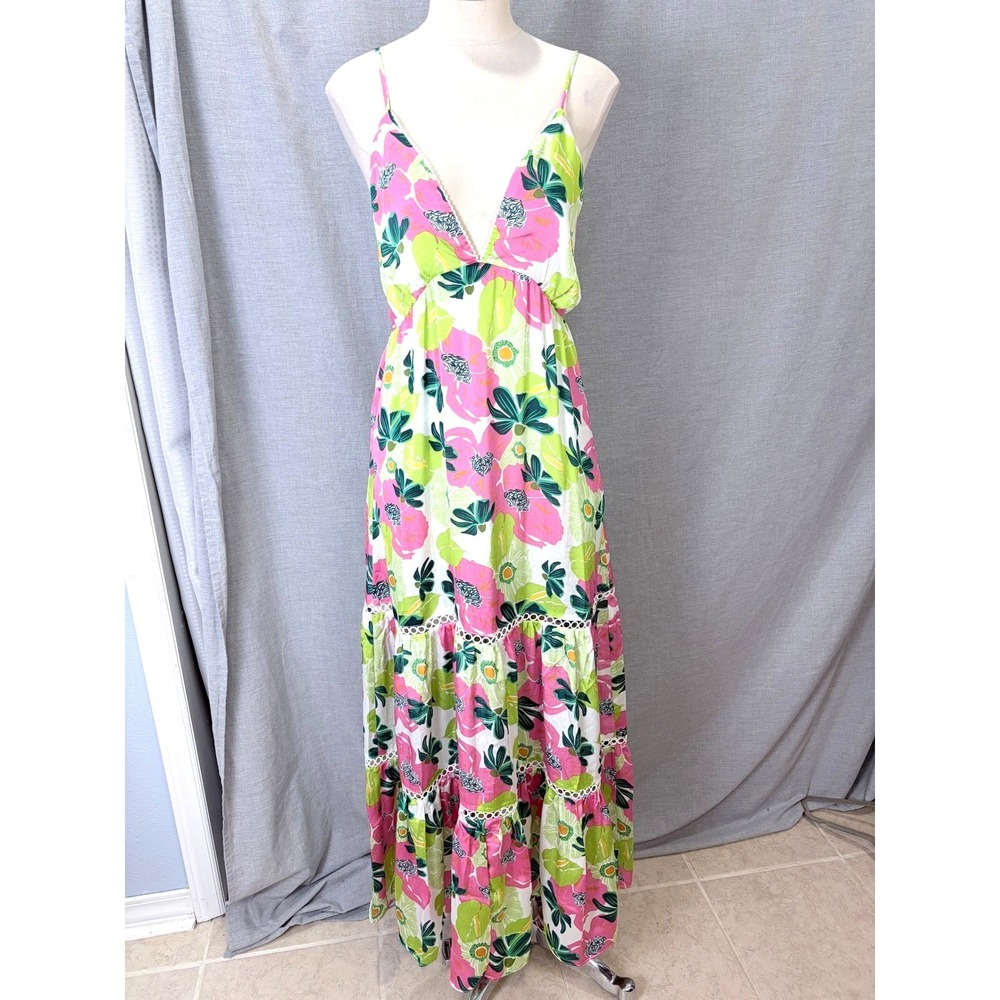 NWT Rubienn Maxi Dress L Pink Lime Green Floral Low Back Tiered Lace Trim Resort